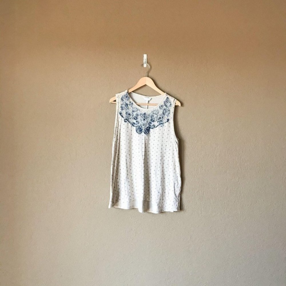 Lucky Brand Linen Blend Blue Embroidered Tank Top